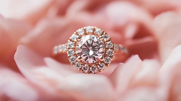 Closeup of a sparkling diamond engagement ring resting on a soft pink flower petal