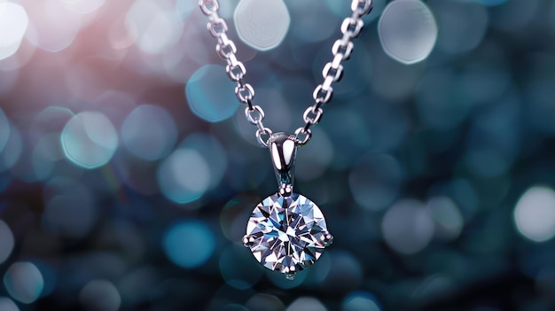 A closeup of a sparkling diamond pendant hanging from a chain