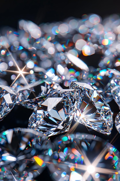 Photo closeup of sparkling diamonds against dark background with colorful light reflections