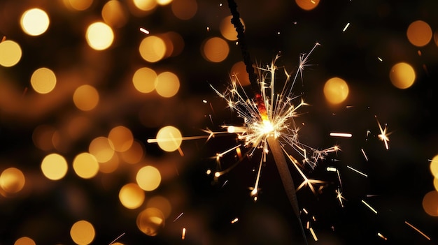 Photo closeup of sparkling sparklers and bokeh lights in the background