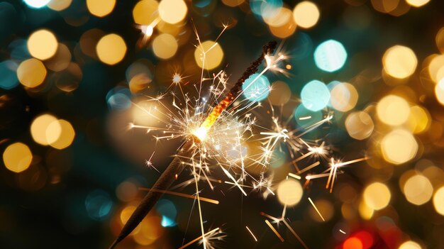 Photo closeup of sparkling sparklers and bokeh lights in the background