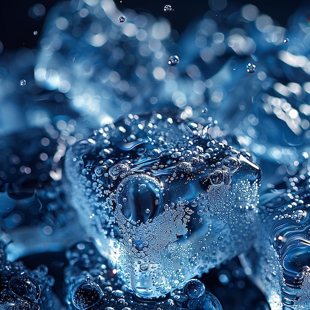 Photo closeup of sparkling water droplets and ice formations with a soft bokeh background ai