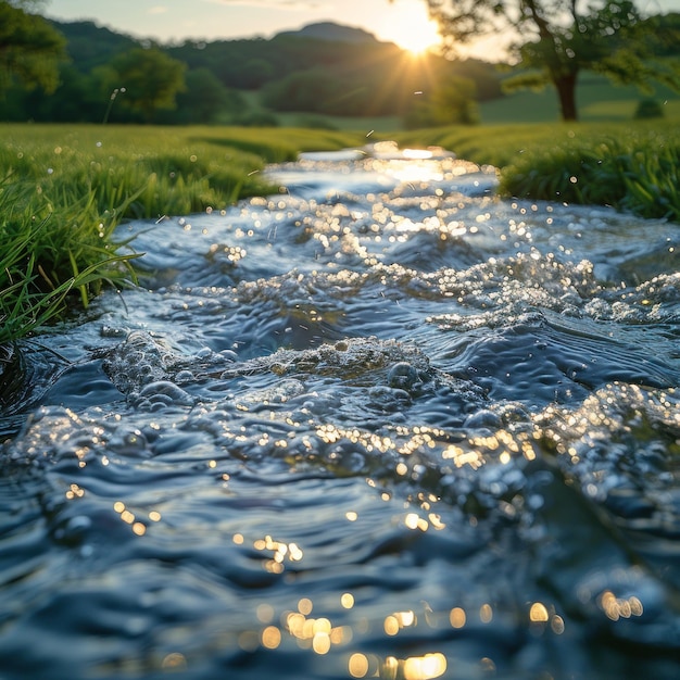 Photo closeup of sparkling water in spring with grass and sunlight as the sun shines on the dancing