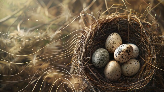 Closeup of speckled bird eggs in nest surrounded by nature