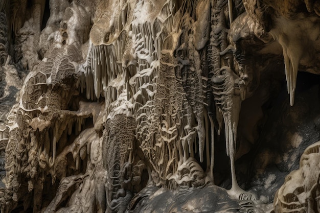 Closeup of speleothems with their shimmering and glistening surfaces created with generative ai