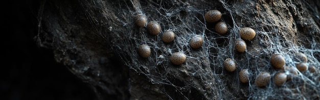 Photo a closeup of spider eggs nestled in silk on a rocky surface