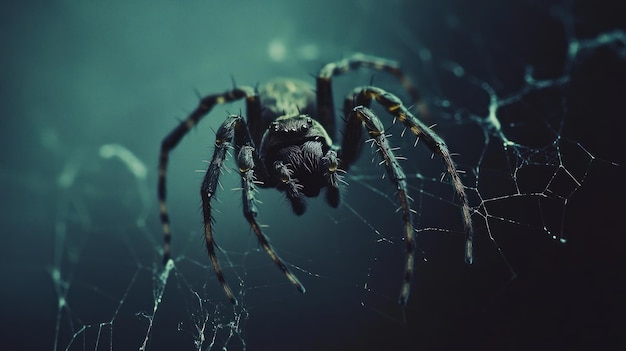 A closeup of a spider on its web showcasing intricate details and textures