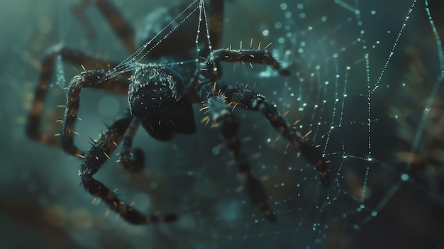 A closeup of a spider on its web The spider is black and hairy with eight legs and a large round body