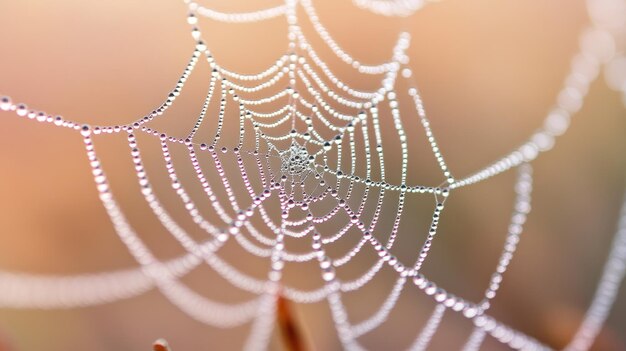 A closeup of a spider web adorned with dewdrops showcasing nature39s intricate beauty