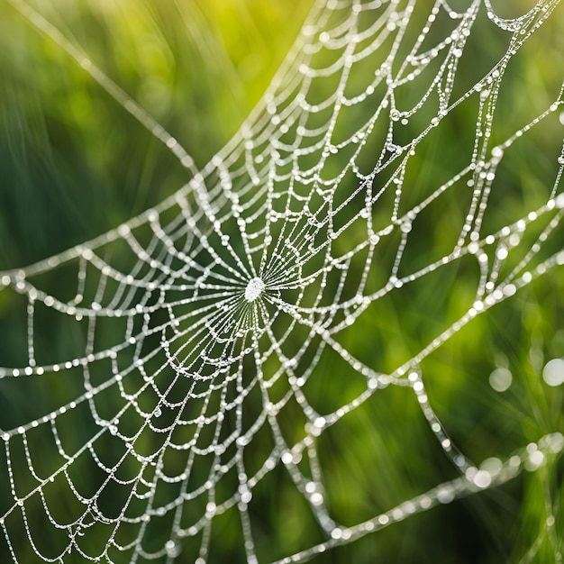 a closeup of a spider web covered in dew drops on a green background