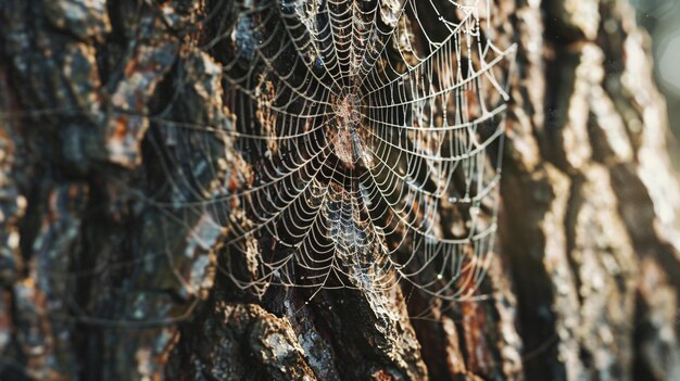 Photo closeup of spider web on tree in forest