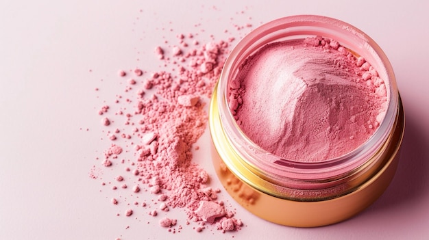 CloseUp of Spilled Pastel Pink Cosmetic Powder in a Gold Jar on Matte Background