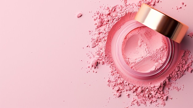 CloseUp of Spilled Pastel Pink Cosmetic Powder in a Gold Jar on Matte Background