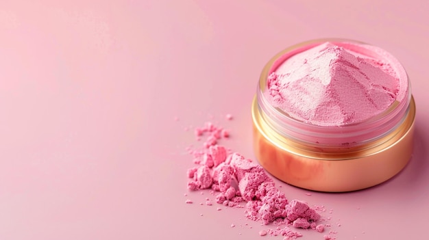 CloseUp of Spilled Pastel Pink Cosmetic Powder in a Gold Jar on Matte Background