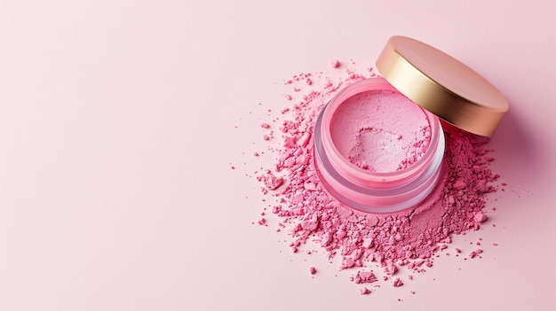 CloseUp of Spilled Pastel Pink Cosmetic Powder in a Gold Jar on Matte Background