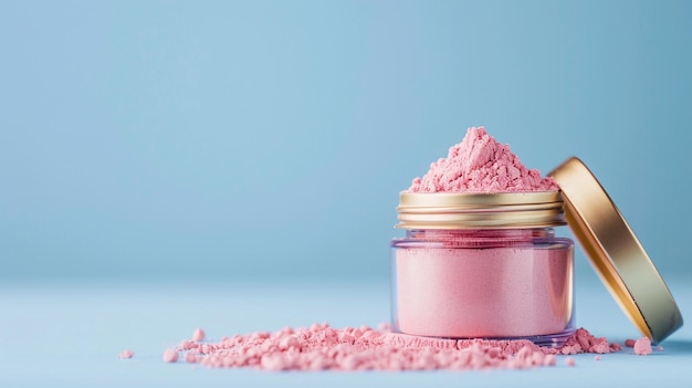 CloseUp of Spilled Pastel Pink Cosmetic Powder in a Gold Jar on Matte Background