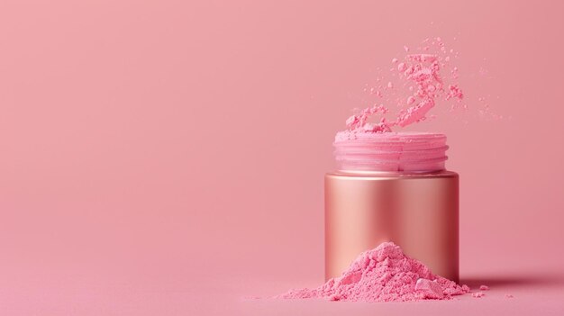 CloseUp of Spilled Pastel Pink Cosmetic Powder in a Gold Jar on Matte Background