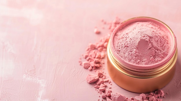 CloseUp of Spilled Pastel Pink Cosmetic Powder in a Gold Jar on Matte Background