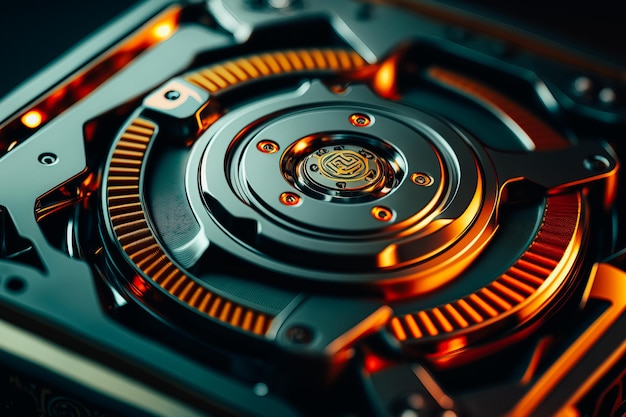 A closeup of a spinning hard drive displaying its ultradetailed mechanical components