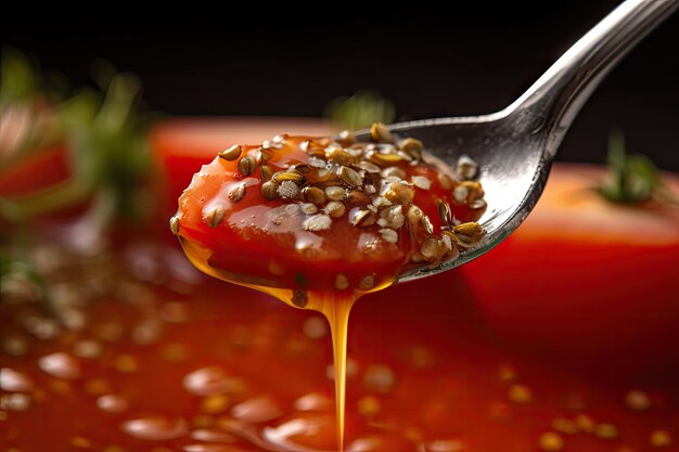 Closeup of spoonful of gazpacho with droplets and seeds visible