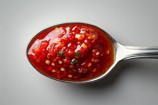 Closeup of a spoonful of hot chili sauce placed on a pristine white background bold and fiery