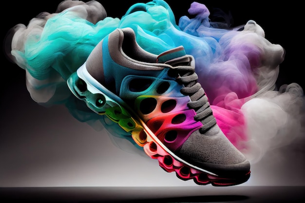 Closeup of sport shoes with magical colourful smoke floating around the sneaker