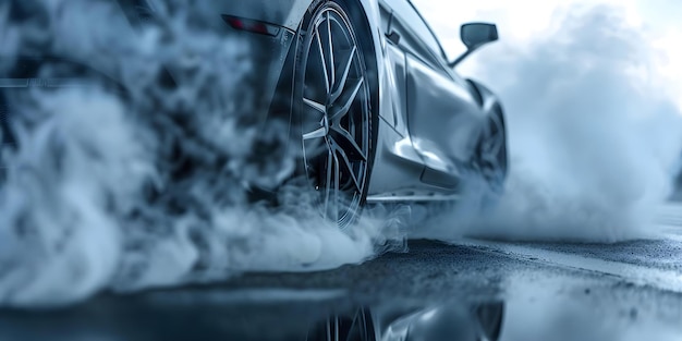 Closeup of a sports car burning rubber on a road Concept Automobile Photography Action Shots Sports Car Burnout HighSpeed Capture