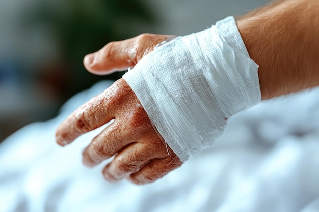 Photo closeup of sportsman with injured hand in hospital receiving medical care and treatment