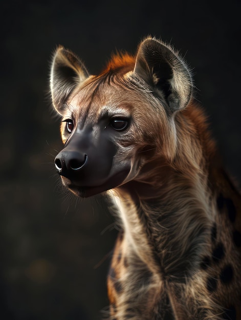 Photo closeup of a spotted hyena in soft lighting