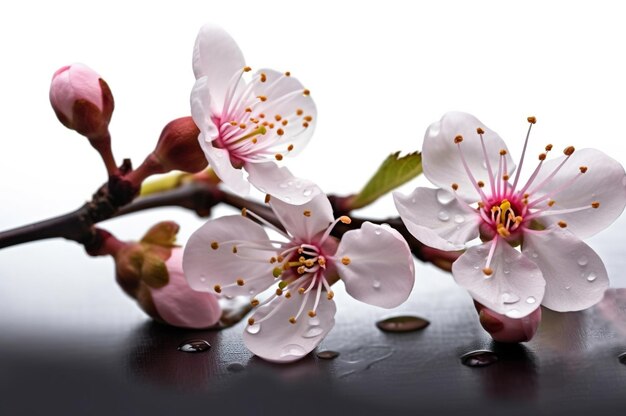 Closeup of spring flowers cherry blossom with petals in shades of pink on white background