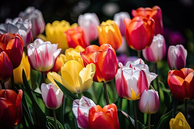 Closeup of spring tulips with their colorful petals in full bloom