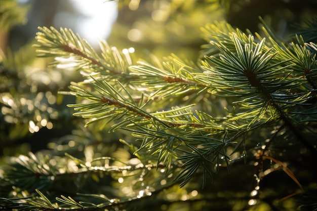 Closeup of spruce needles with sunlight filtering through the trees created with generative ai