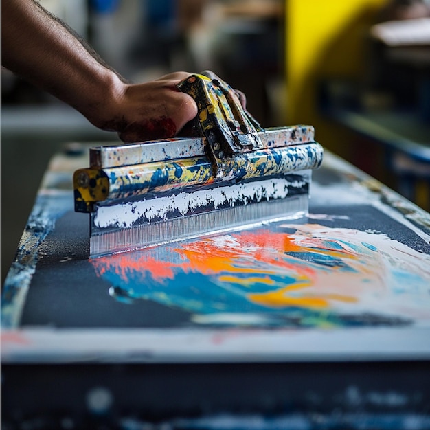 Photo closeup of a squeegee applying ink through a screen onto a tshirt