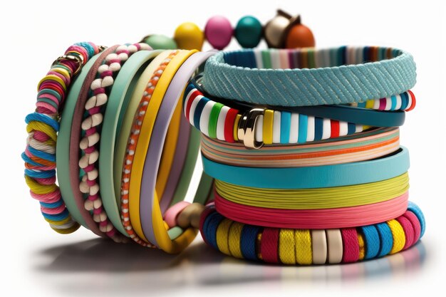 Closeup of stack of colorful bracelets on white background created with generative ai