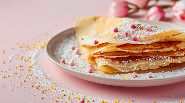 Photo a closeup of a stack of crepes dusted with powdered sugar and pink sprinkles sitting on a plate