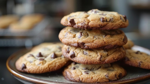 Closeup of a stack of freshly baked chocolate chip cookies on a plate showcasing their delicious texture and flavor