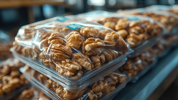 Photo closeup of a stack of plastic bags filled with walnuts