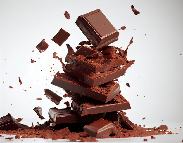 Closeup stacked chocolate chunks falling Food and dessert concept Generative AI