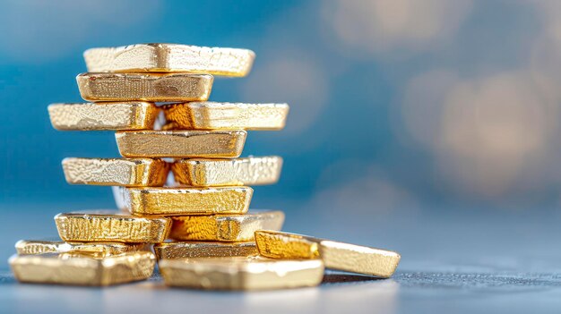 Photo closeup of stacked gold bars against a blurred blue background representing wealth investment and financial security