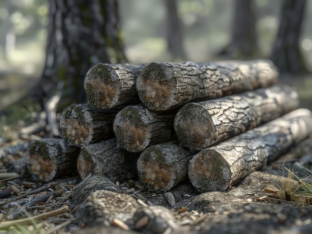 Photo closeup of stacked logs in forest with detailed bark texture showing natural wood patterns and