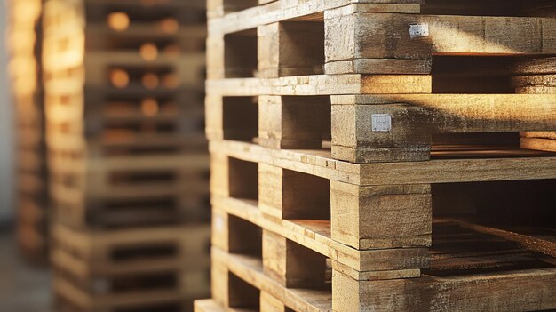 Photo closeup of stacked wooden pallets in warehouse