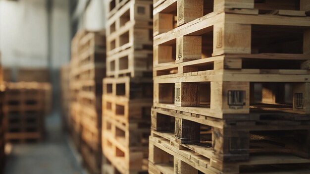 Photo closeup of stacked wooden pallets in warehouse