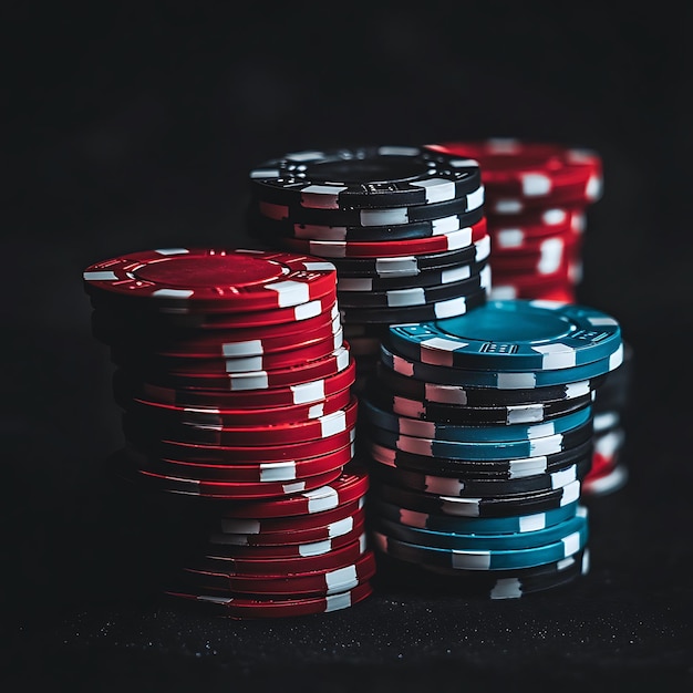 Closeup of Stacks of Casino Chips on a Black Table