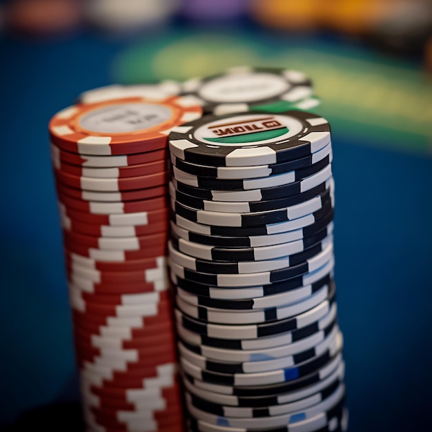 Closeup of Stacks of Casino Chips on a Blue Table