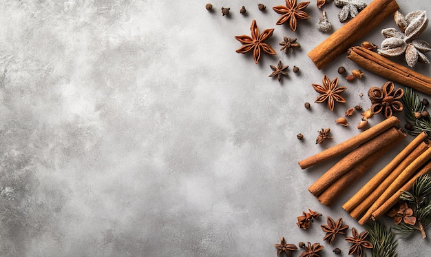 Photo closeup of star anise cinnamon sticks cloves and pine sprigs on a gray background