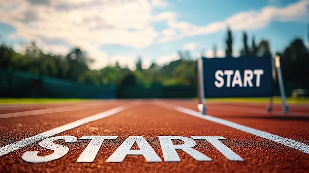 Photo closeup of a starting line on a running track ideal for sports themes races or athletic competition imagery