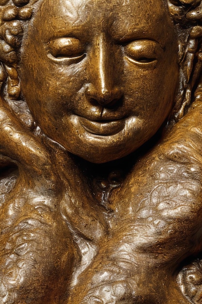 Closeup of a statue with hands on its head and closed eyes sculpture made of bronze