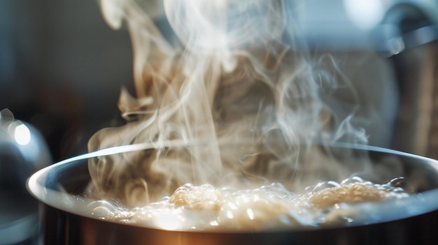 CloseUp of Steam Rising from Freshly Brewed Coffee and Steaming Food on Stove