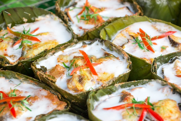 Closeup of steamed curried fish