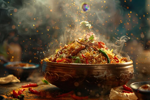 Photo a closeup of a steaming bowl of biryani with fragrant spices and herbs depict the intricate layers of flavors in a spicy biryani dish